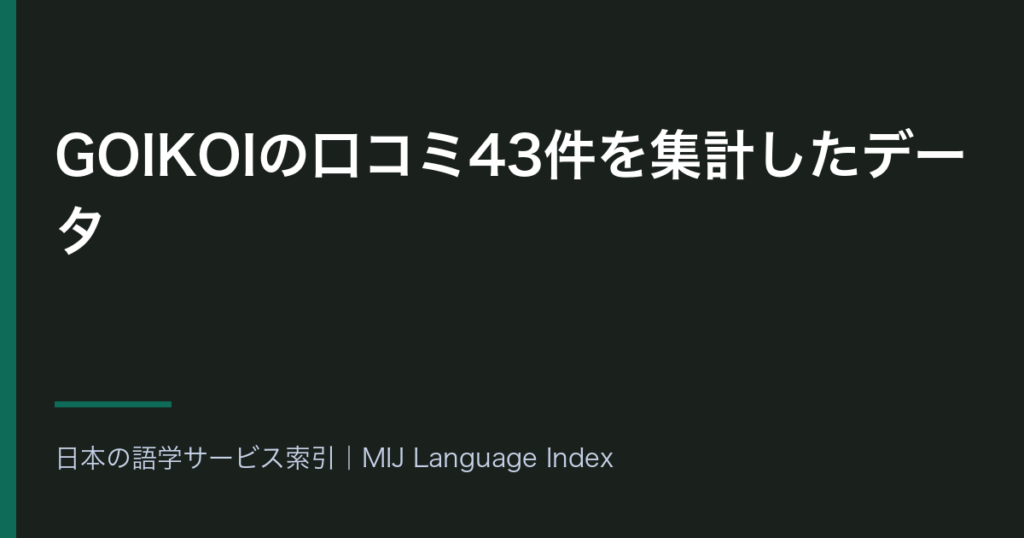 GOIKOIの口コミ43件を集計したデータ｜料金・課金が低評価側に56.5ポイント・2ストアの平均差1.34ポイント